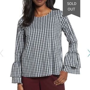 Halogen Gingham Poplin Bell Sleeve Top